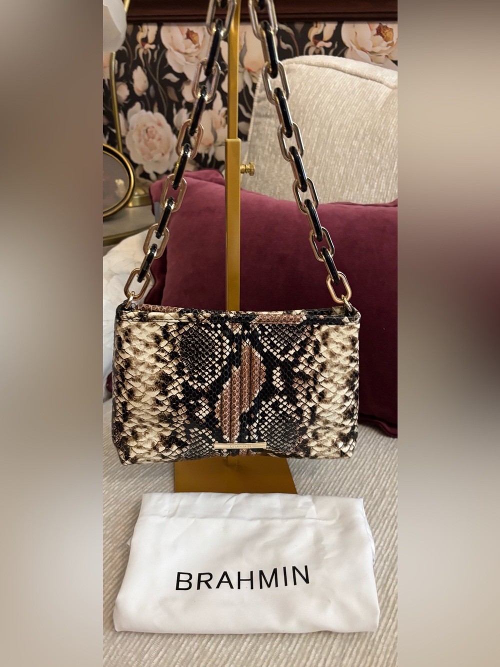 Brahmin Mod Lorelei Shoulder Bag Tea Rose Evita Snake Print Chain Strap